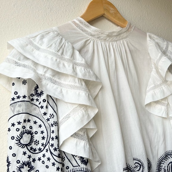 ULLA JOHNSON White Black Annetta Ruffle Embroidered Top Sz 2 - Picture 6 of 16